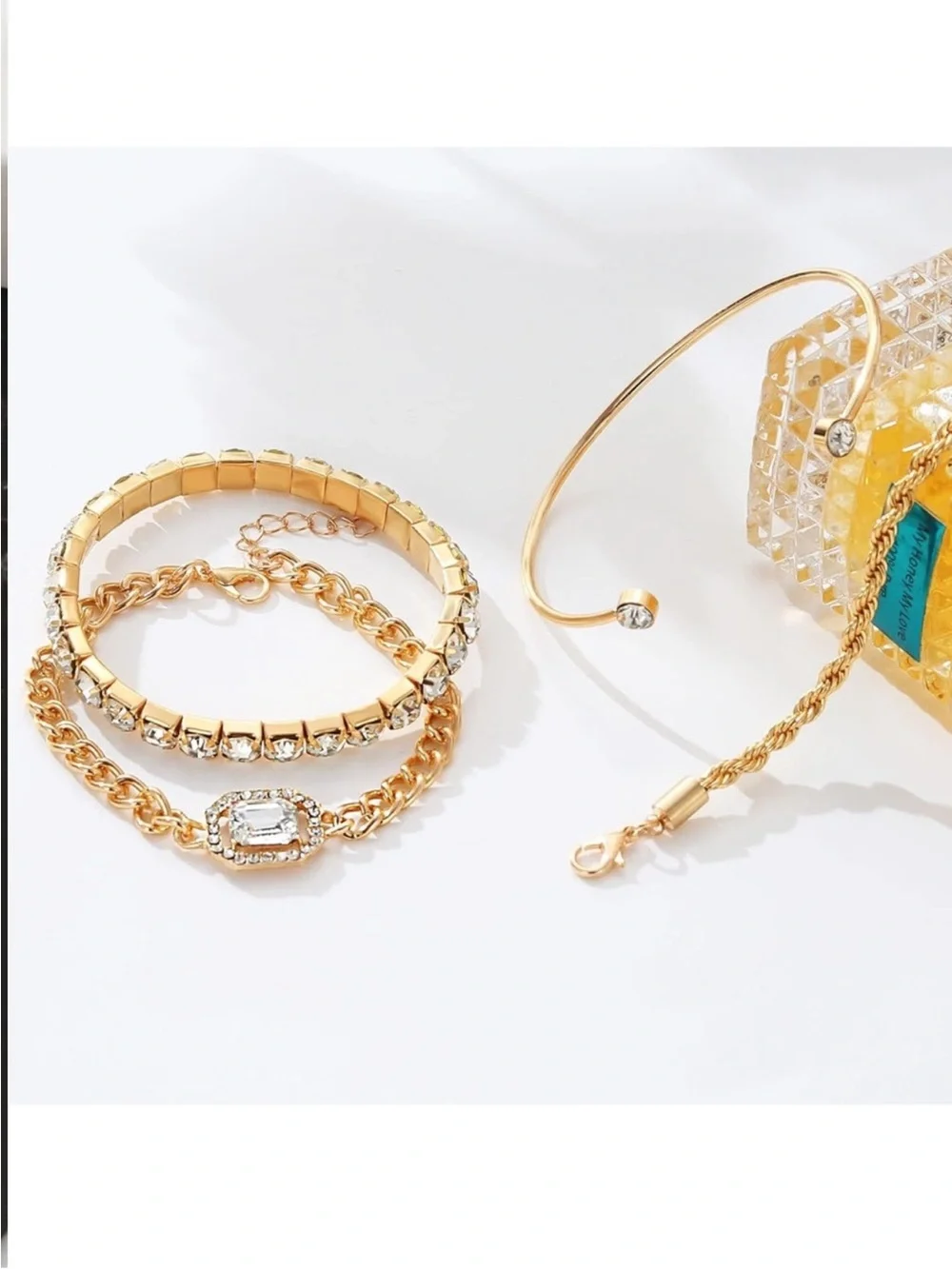 New 24k Gold Plated Crystal 4-Piece Bracelet Stack